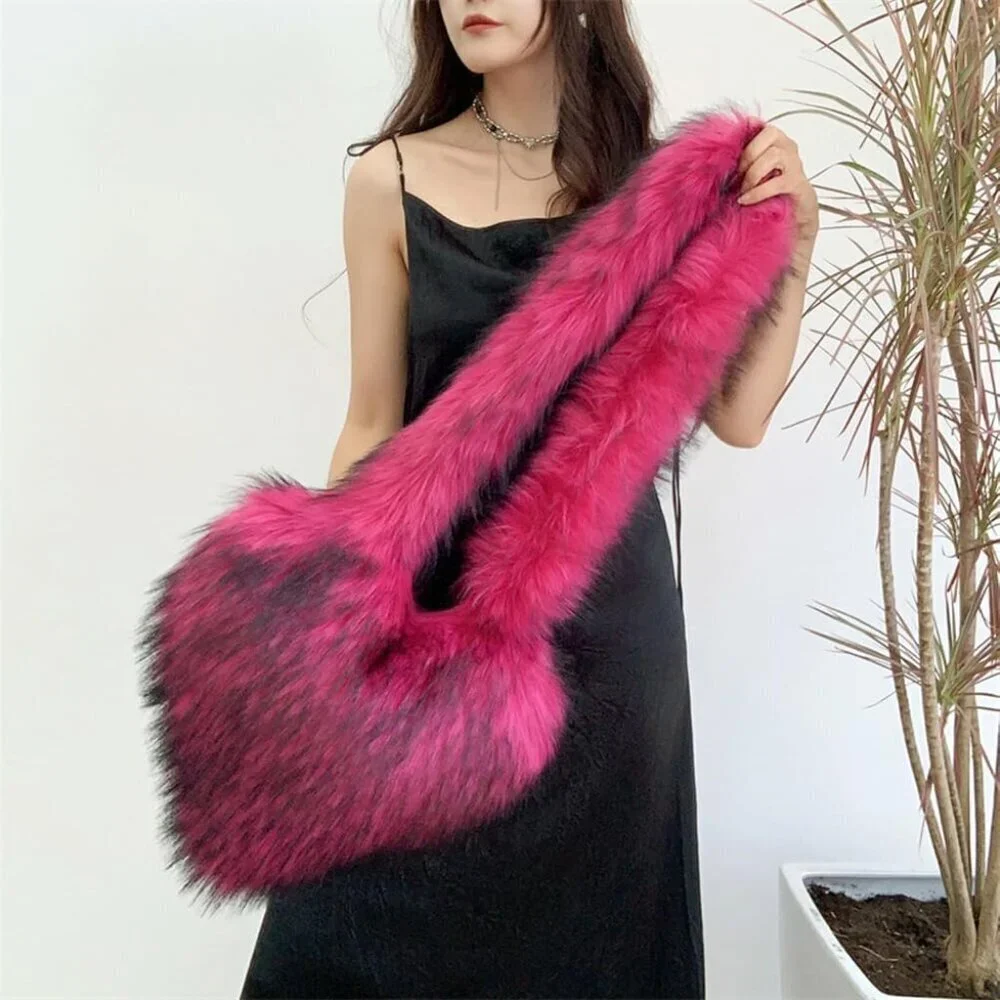 Women's Rose Red Heart Shaped Fluffy Plush Faux Fur Imported Chic Handbag